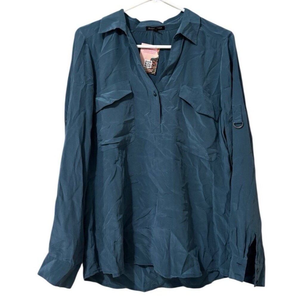 Eileen Fisher 100% Silk Blouse XS Popover Roll Tab Sleeves Blue Collared Top NWT